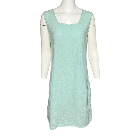 Cut Loose Size Small Sleeveless Shift Dress Linen Cotton Blue Pockets Lagenlook - Picture 1 of 8